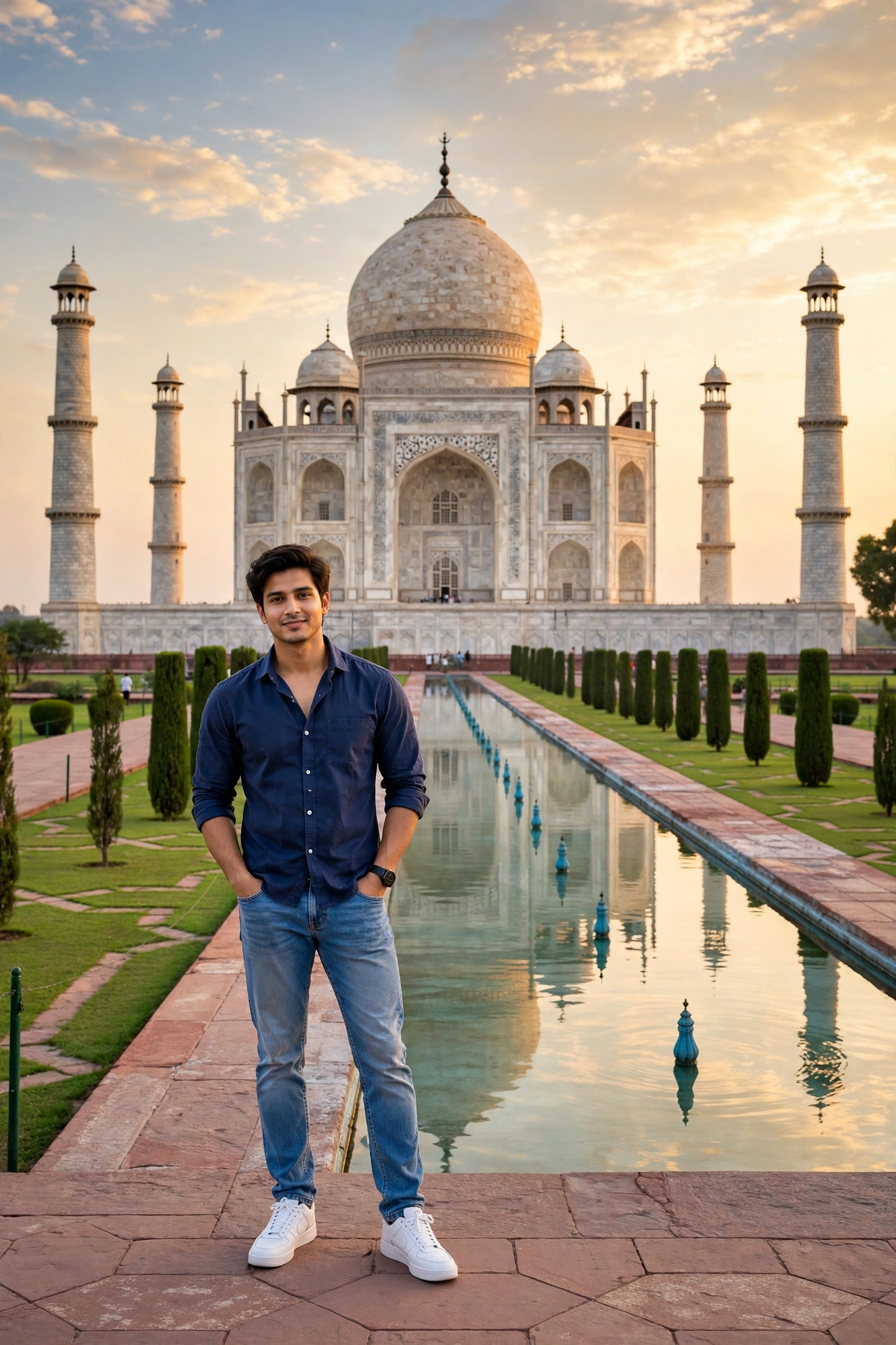 Example 2 — Navy Shirt + Jeans वाला लड़का, Taj Mahal के सामने