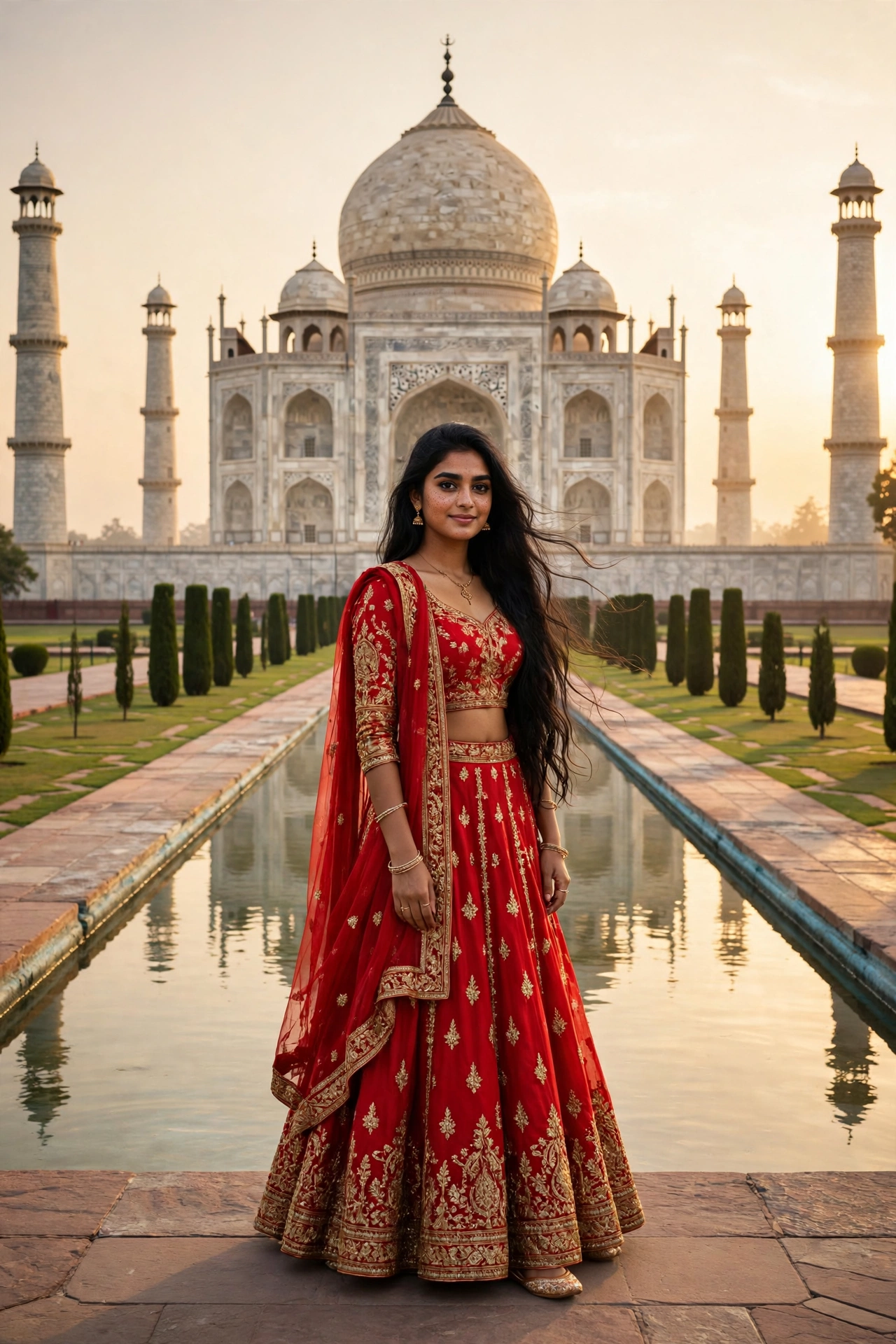 Example 3 — Red Lehenga लुक, Taj Mahal के सामने
