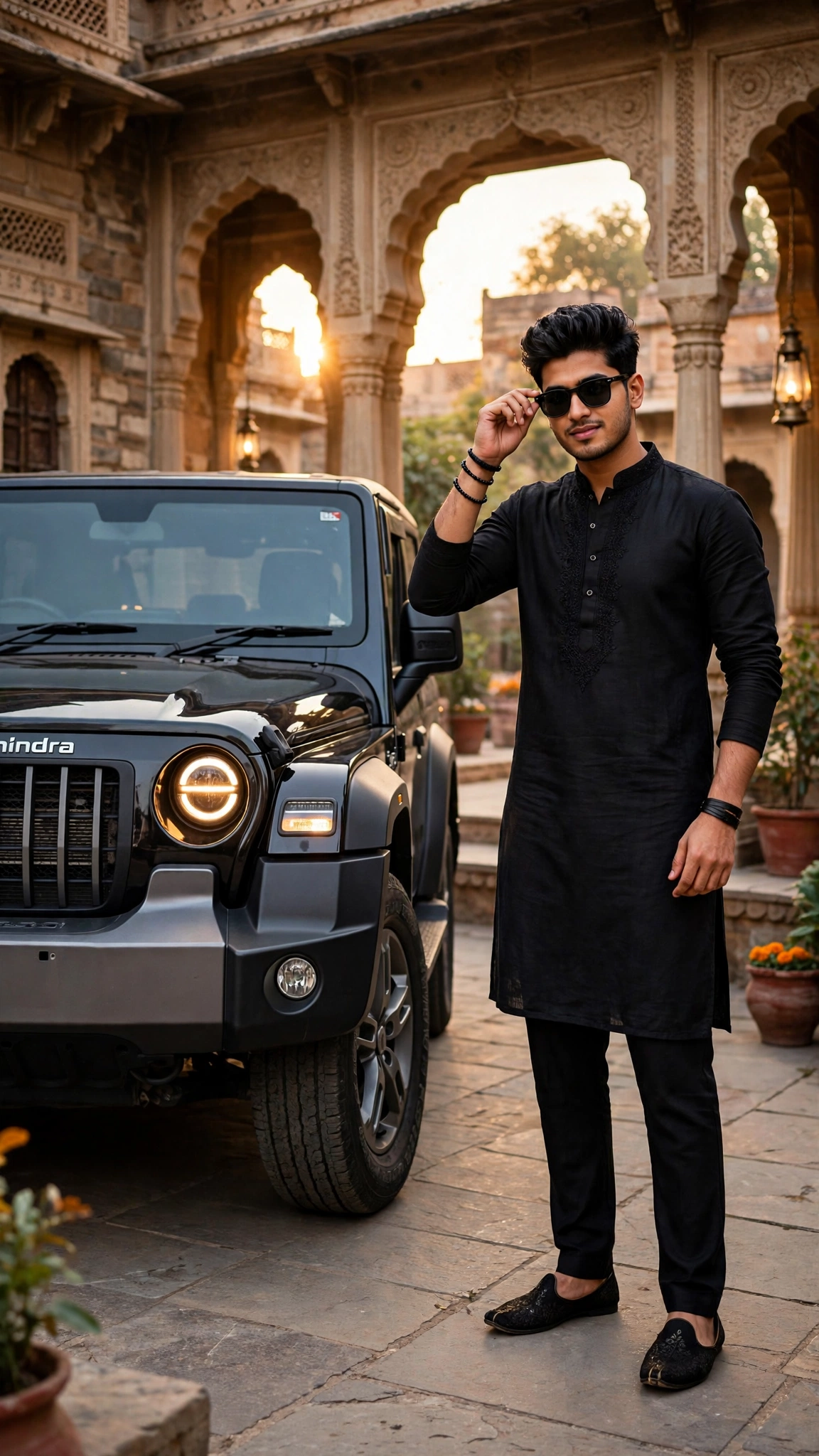 Example 1 — लड़का: Black Kurta + Thar, Haveli लुक