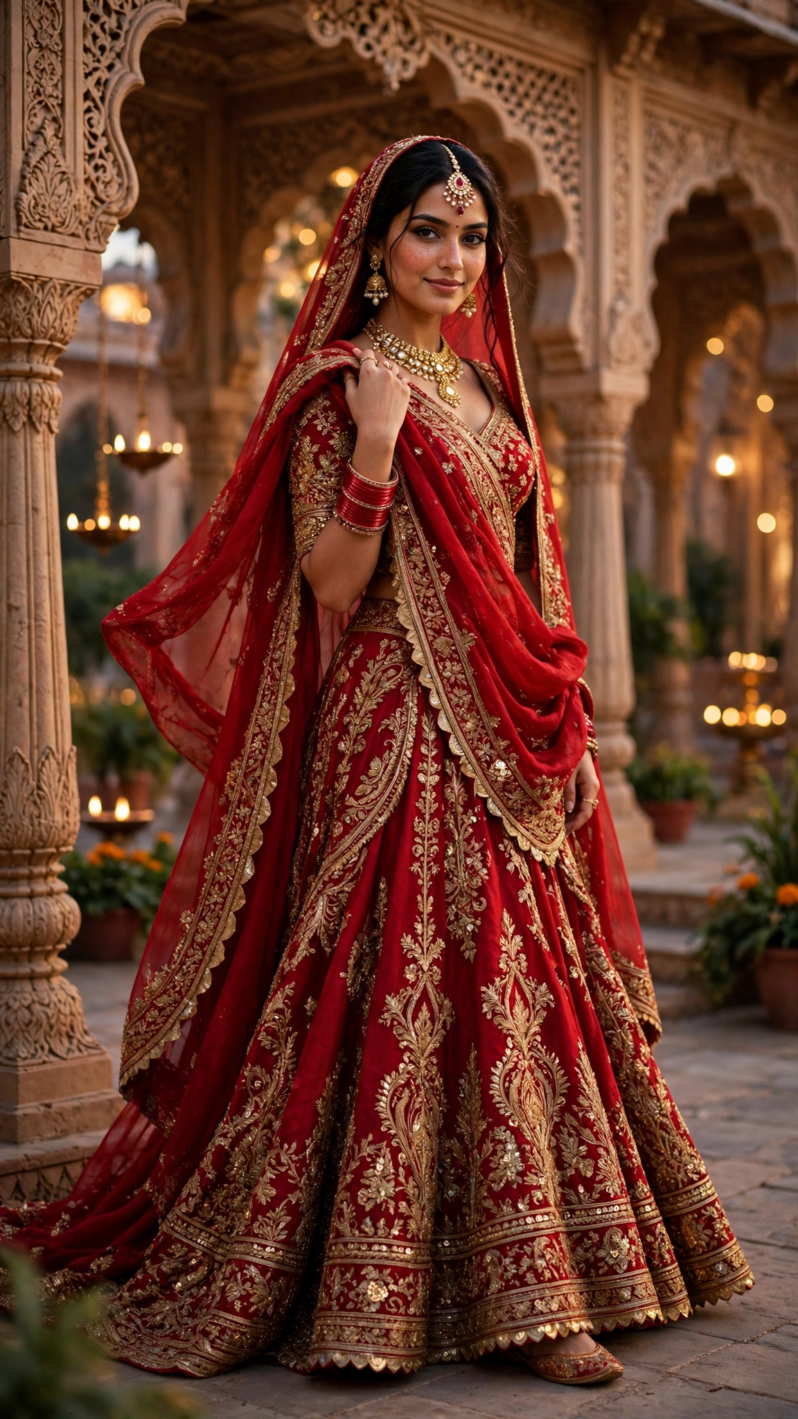 Example 1 — Palace Courtyard में Red Lehenga लुक